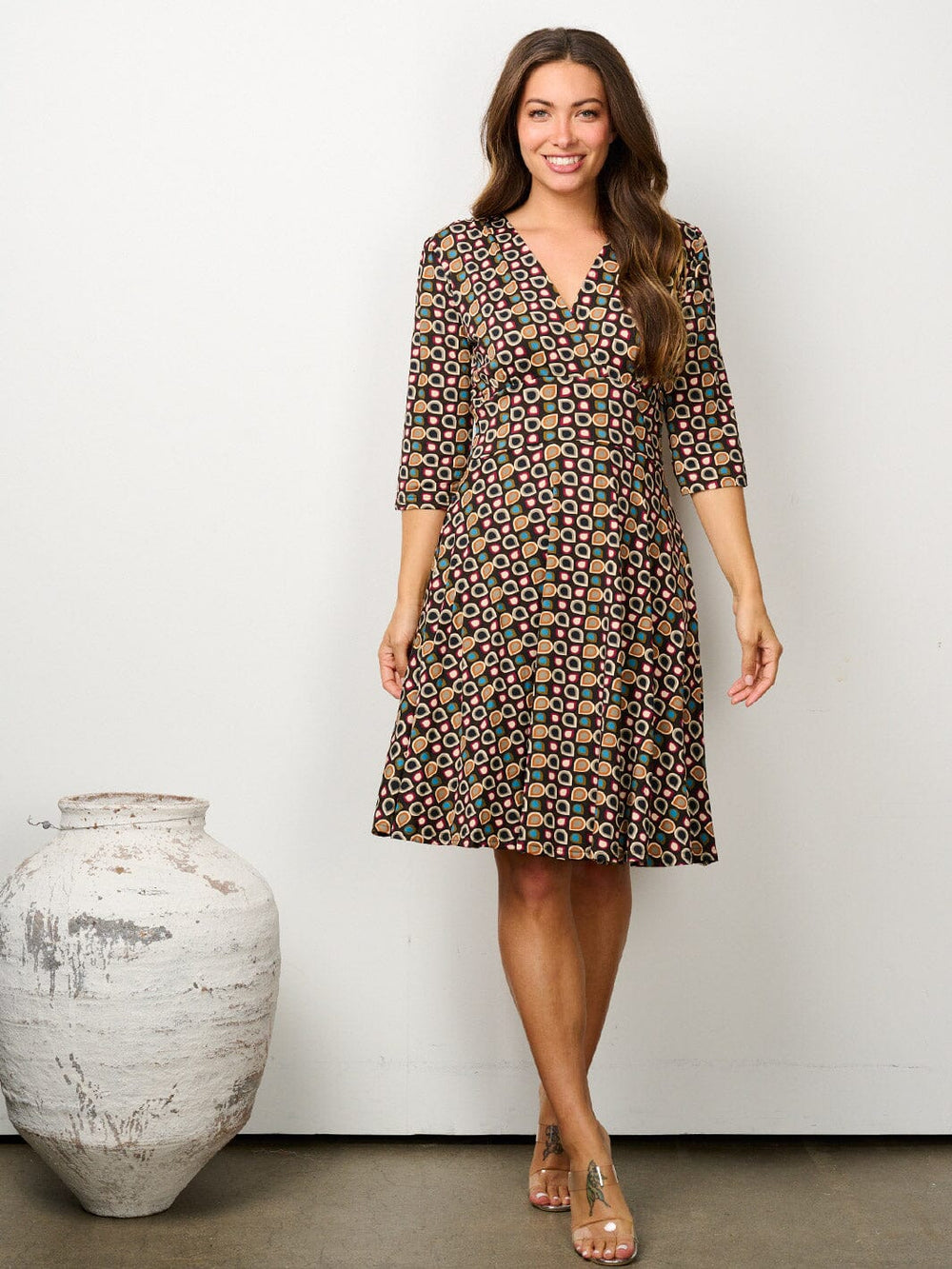 WOMEN'S 3/4 SLEEVE V-NECK POCKETS MULTI PRINT MINI DRESS