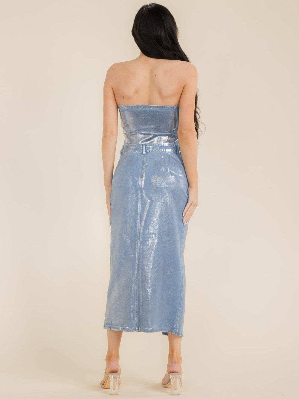 WOMEN'S SLEEVELESS SHIMMER DENIM CROP TOP