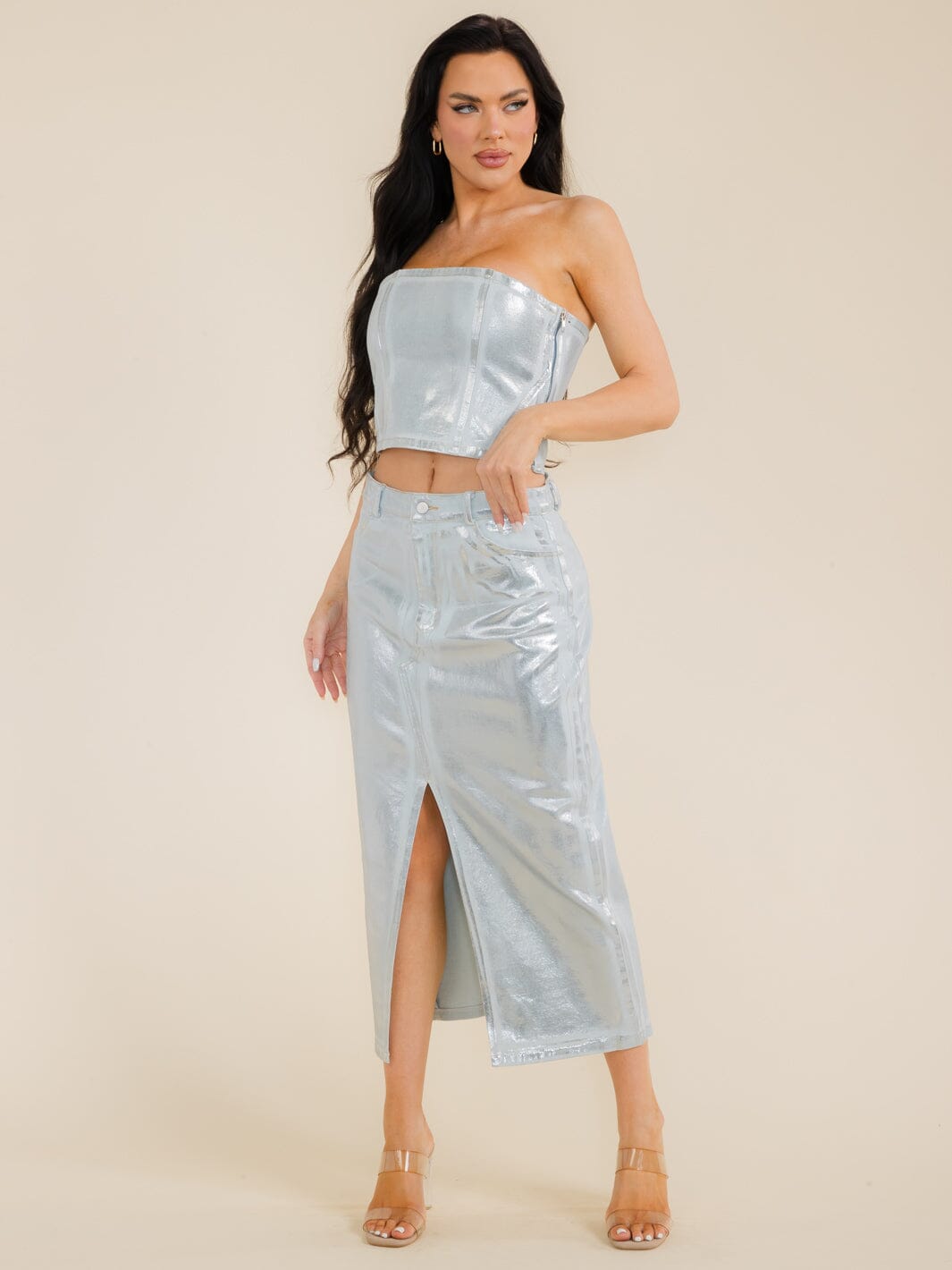 WOMEN'S SLEEVELESS SHIMMER DENIM CROP TOP