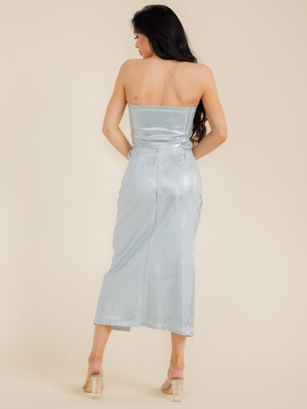 WOMEN'S SLEEVELESS SHIMMER DENIM CROP TOP