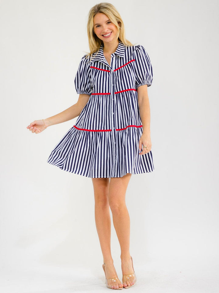 WOMEN'S SHORT SLEEVE BUTTON UP COLORBLOCK STRIPES MINI DRESS