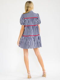 WOMEN'S SHORT SLEEVE BUTTON UP COLORBLOCK STRIPES MINI DRESS