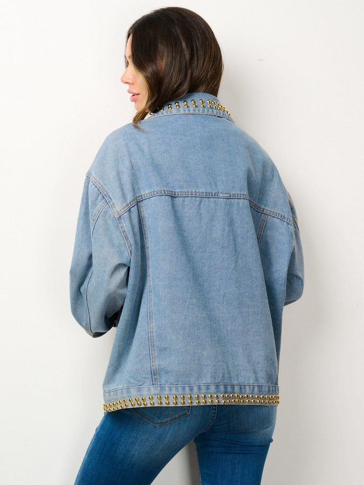 WOMEN'S LONG SLEEVE BUTTON CLOSURE MULTI COLOR STUDS DETAILED DENIM AJCKET