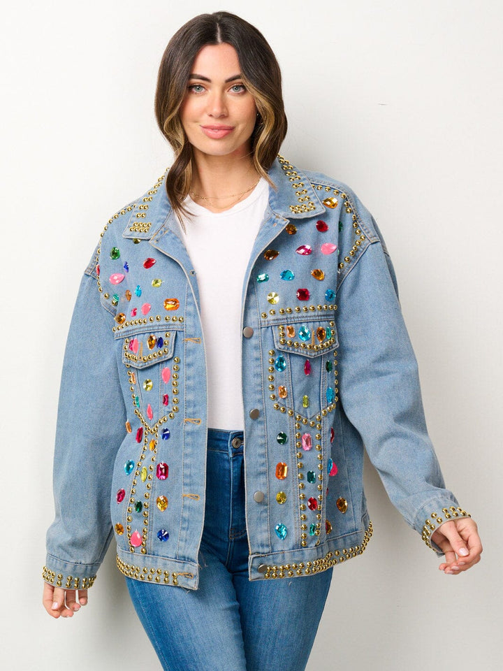 WOMEN'S LONG SLEEVE BUTTON CLOSURE MULTI COLOR STUDS DETAILED DENIM AJCKET