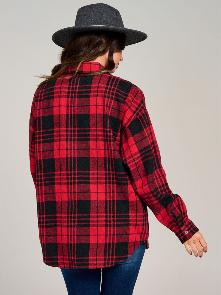 WOMEN'S LONG SLEEVE FRONT POCKET BUTTON UP PLAID SHIRT