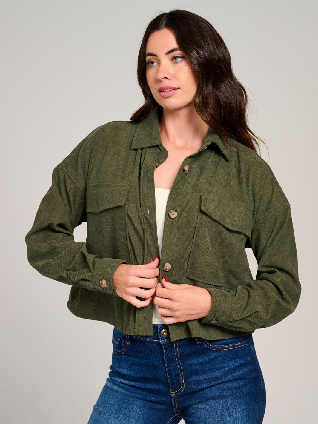 WOMEN'S LONG SLEEVE BUTTON CLOSURE POCKETS SHERPA CORDUROY JACKET