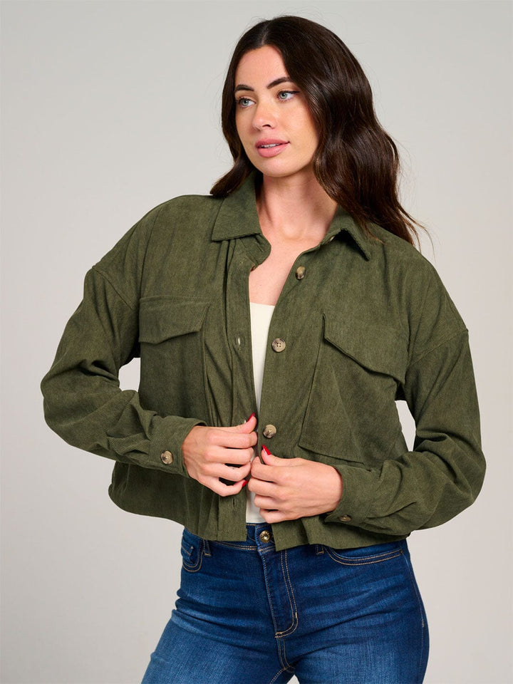 WOMEN'S LONG SLEEVE BUTTON CLOSURE POCKETS SHERPA CORDUROY JACKET