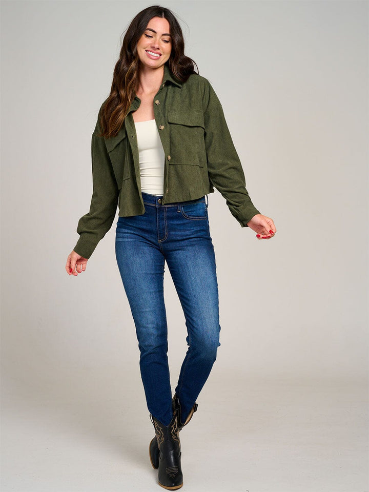 WOMEN'S LONG SLEEVE BUTTON CLOSURE POCKETS SHERPA CORDUROY JACKET