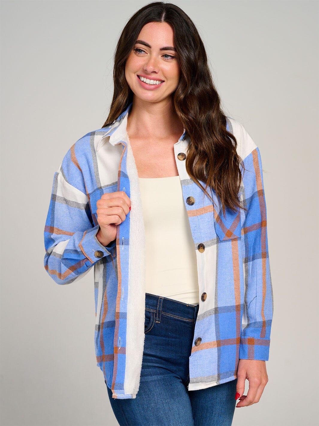 WOMEN'S LONG SLEEVE BUTTON CLOSURE POCKETS SHERPA PLAID JACKET