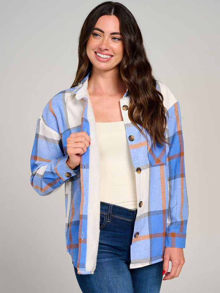 WOMEN'S LONG SLEEVE BUTTON CLOSURE POCKETS SHERPA PLAID JACKET