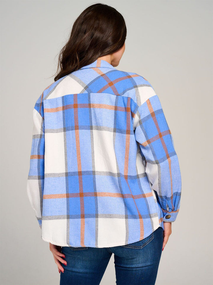 WOMEN'S LONG SLEEVE BUTTON CLOSURE POCKETS SHERPA PLAID JACKET