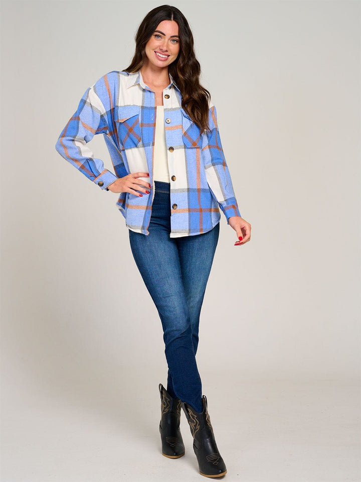 WOMEN'S LONG SLEEVE BUTTON CLOSURE POCKETS SHERPA PLAID JACKET