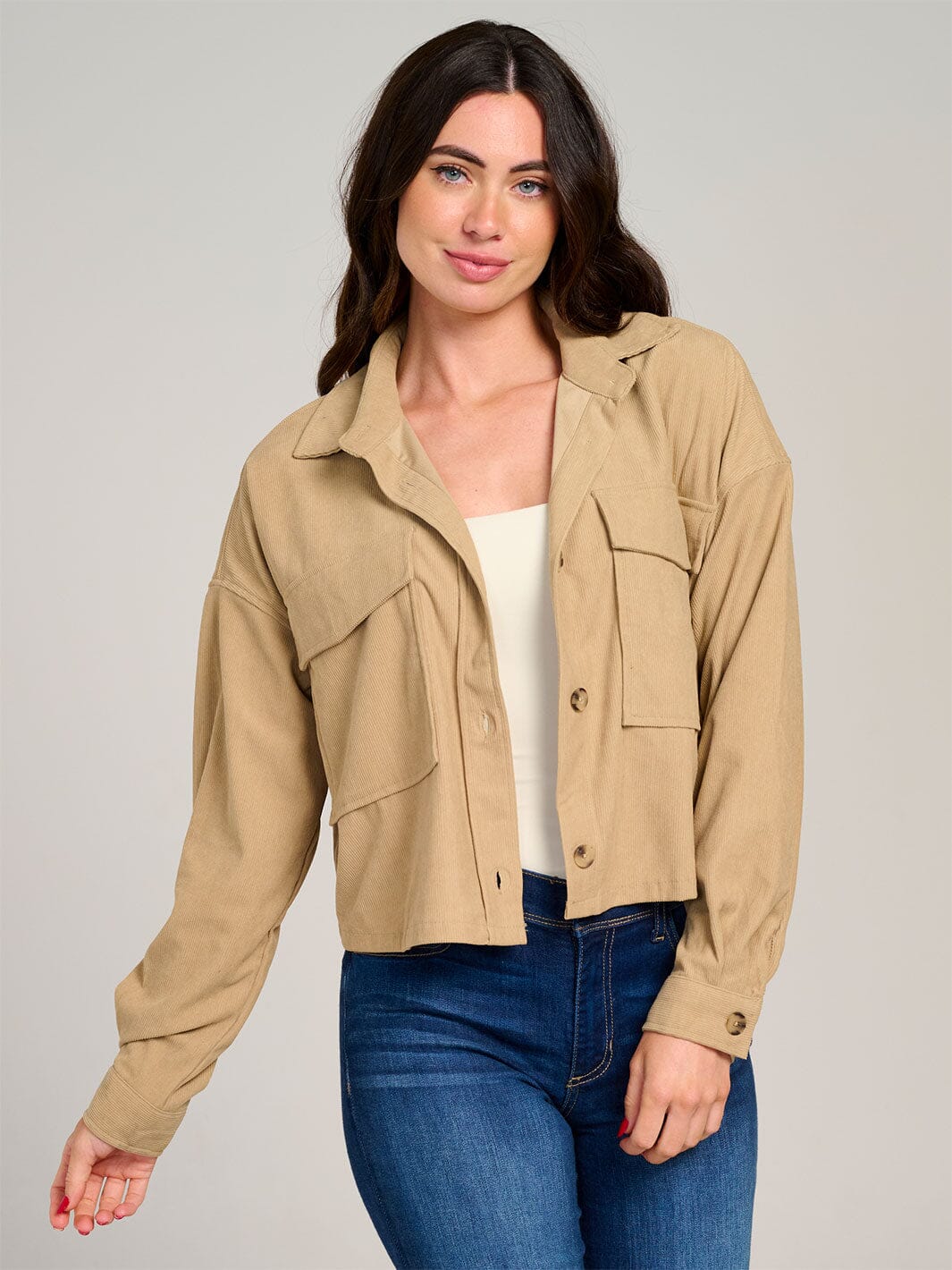 WOMEN'S LONG SLEEVE BUTTON CLOSURE POCKETS SHERPA CORDUROY JACKET