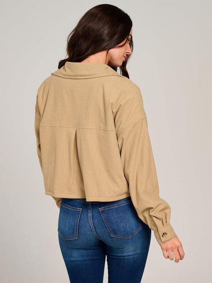 WOMEN'S LONG SLEEVE BUTTON CLOSURE POCKETS SHERPA CORDUROY JACKET