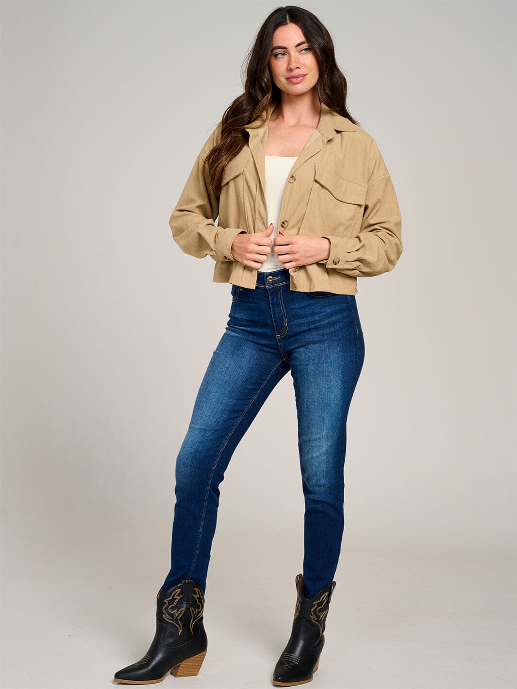 WOMEN'S LONG SLEEVE BUTTON CLOSURE POCKETS SHERPA CORDUROY JACKET