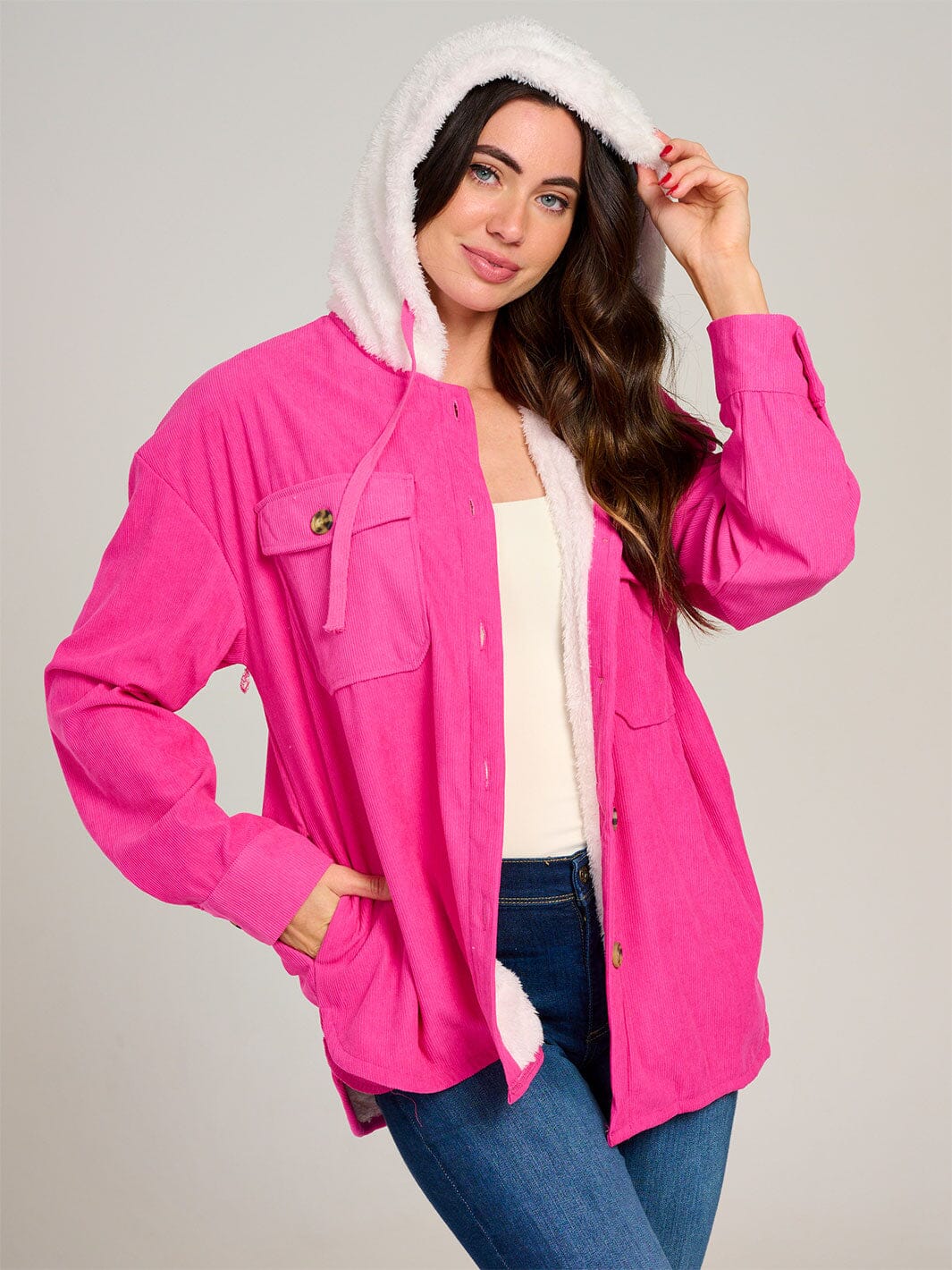 WOMEN'S LONG SLEEVE BUTTON CLOSURE POCKETS HOODED SHERPA CORDUROY JACKET