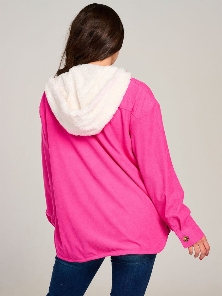 WOMEN'S LONG SLEEVE BUTTON CLOSURE POCKETS HOODED SHERPA CORDUROY JACKET