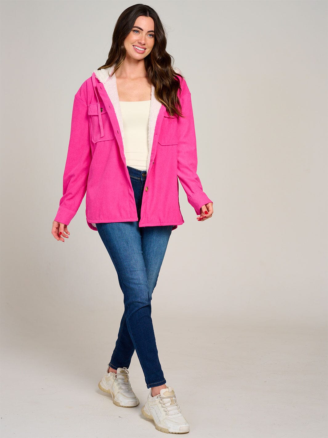 WOMEN'S LONG SLEEVE BUTTON CLOSURE POCKETS HOODED SHERPA CORDUROY JACKET