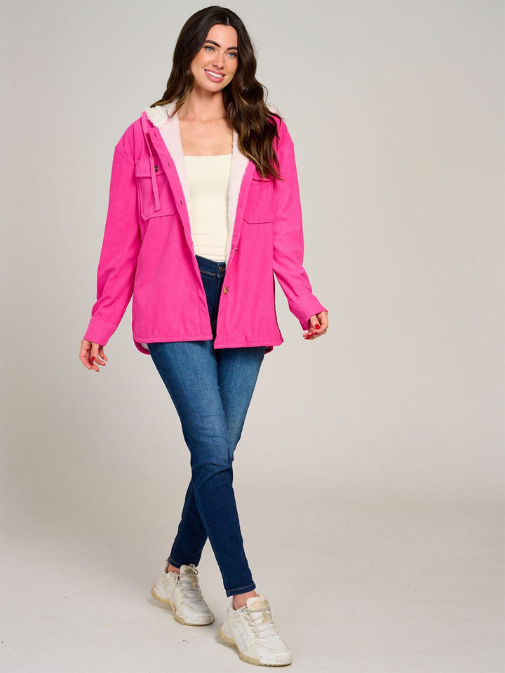 WOMEN'S LONG SLEEVE BUTTON CLOSURE POCKETS HOODED SHERPA CORDUROY JACKET