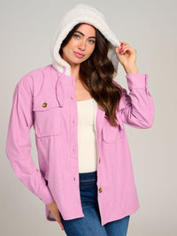 WOMEN'S LONG SLEEVE BUTTON CLOSURE POCKETS HOODED SHERPA CORDUROY JACKET