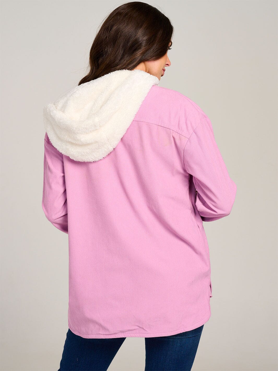 WOMEN'S LONG SLEEVE BUTTON CLOSURE POCKETS HOODED SHERPA CORDUROY JACKET