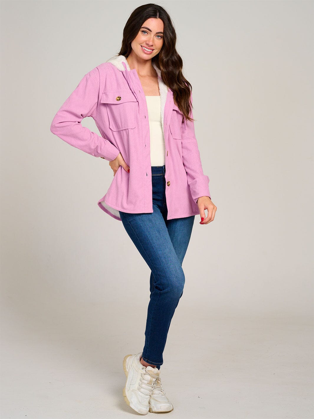 WOMEN'S LONG SLEEVE BUTTON CLOSURE POCKETS HOODED SHERPA CORDUROY JACKET