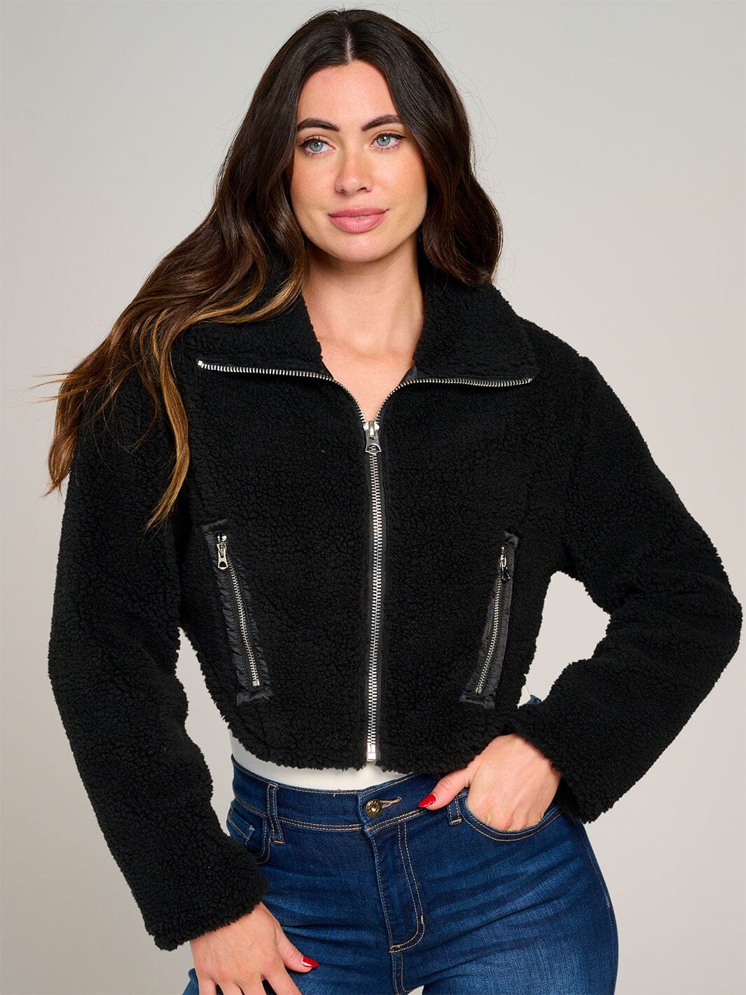 WOMEN'S LONG SLEEVE ZIP UP POCKETS SHERPA JACKET