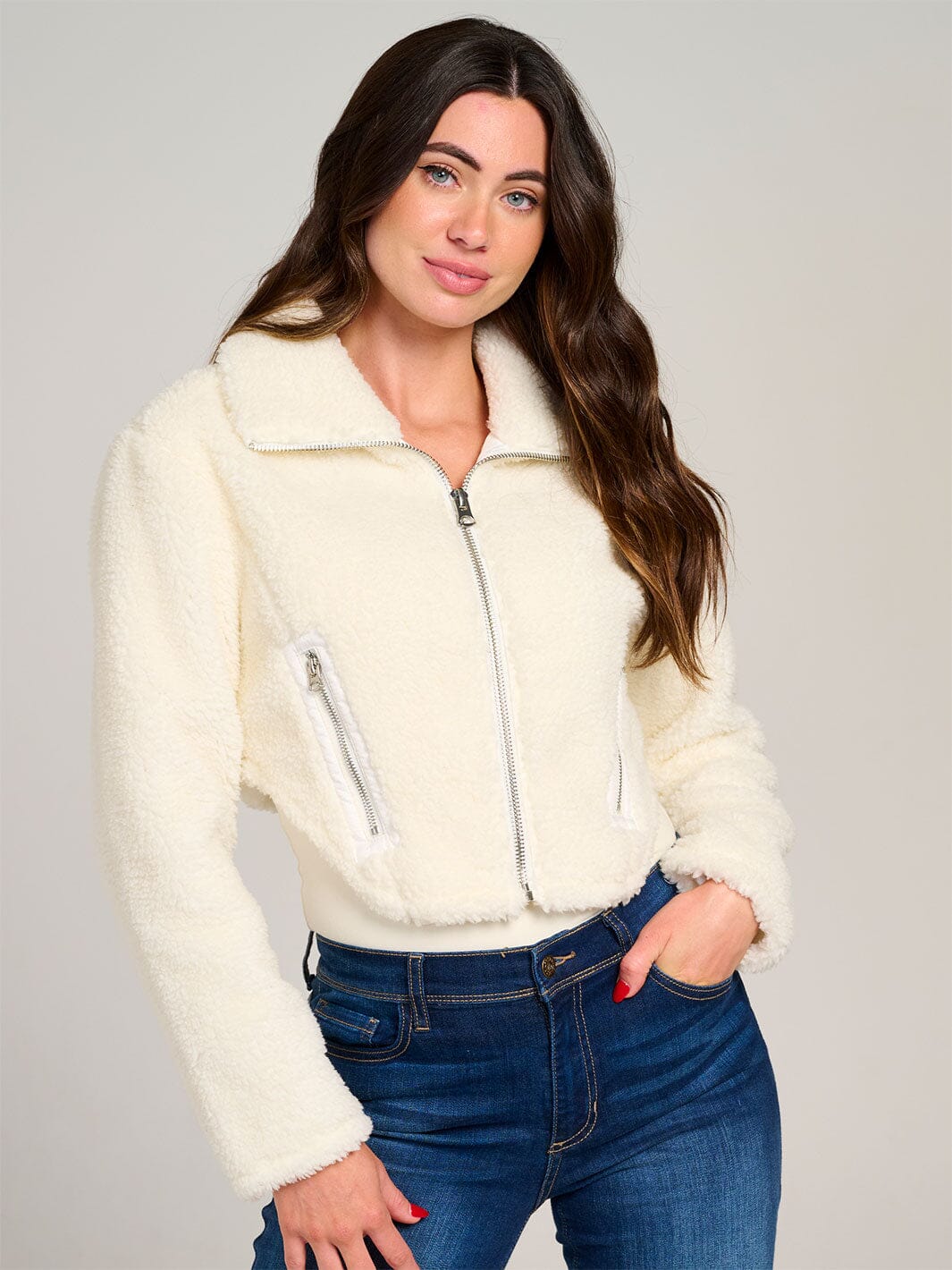 WOMEN'S LONG SLEEVE ZIP UP POCKETS SHERPA JACKET