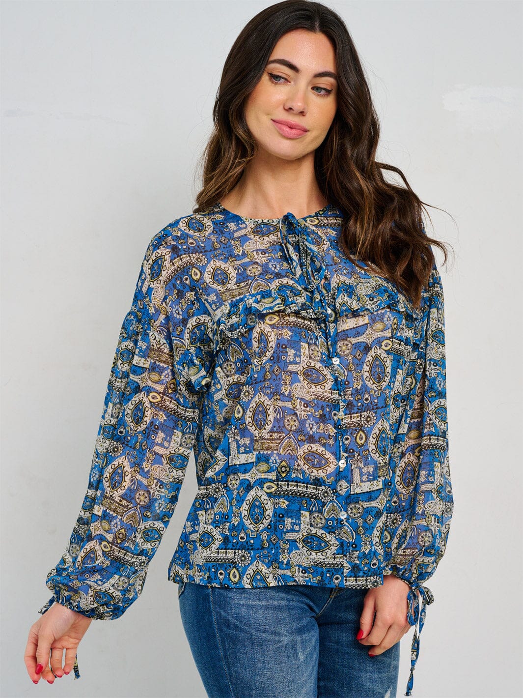 WOMEN'S LONG SLEEVE TIE NECK MULTI PRINT BLOUSE