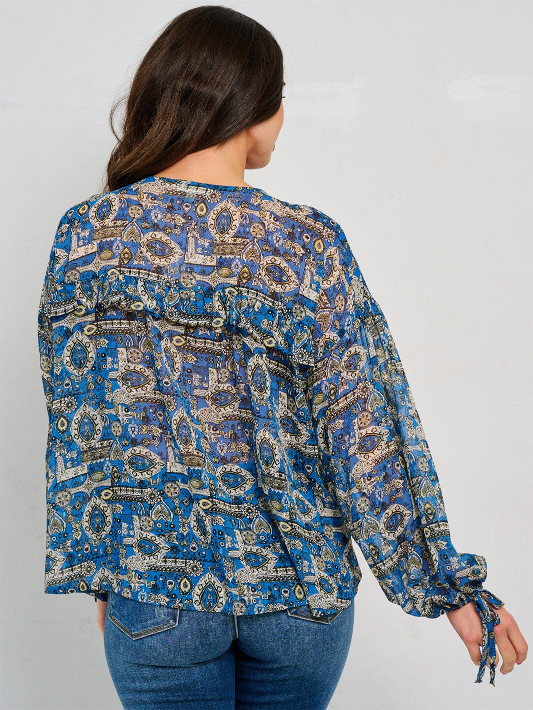 WOMEN'S LONG SLEEVE TIE NECK MULTI PRINT BLOUSE