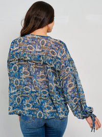 WOMEN'S LONG SLEEVE TIE NECK MULTI PRINT BLOUSE