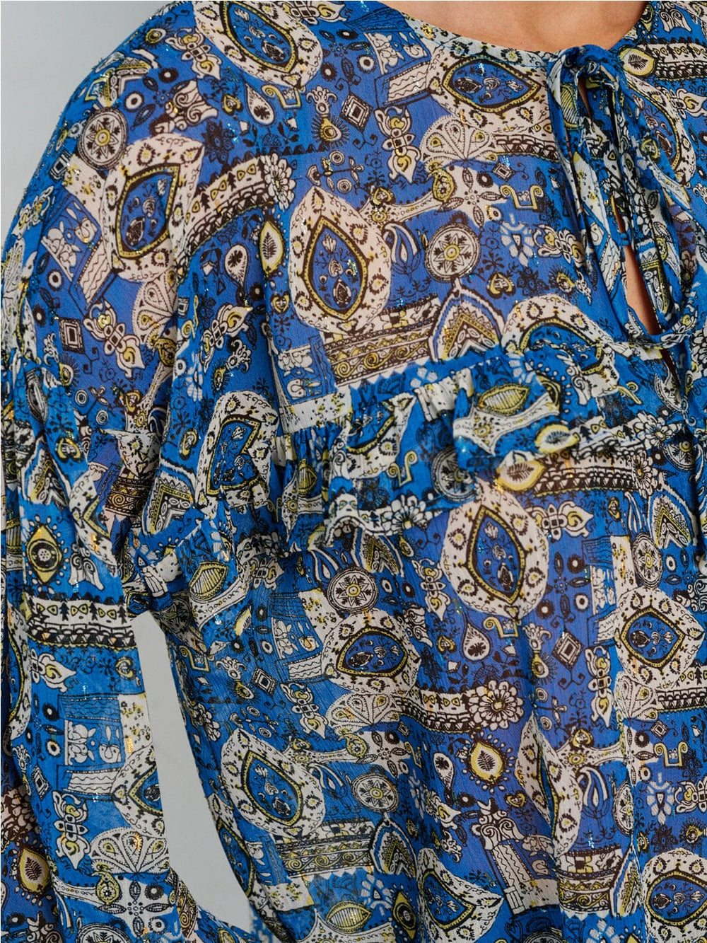 WOMEN'S LONG SLEEVE TIE NECK MULTI PRINT BLOUSE