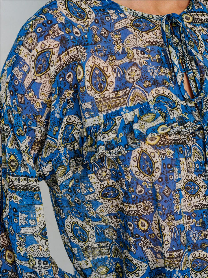 WOMEN'S LONG SLEEVE TIE NECK MULTI PRINT BLOUSE