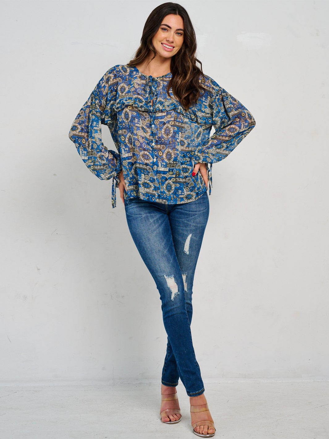 WOMEN'S LONG SLEEVE TIE NECK MULTI PRINT BLOUSE