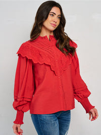 WOMEN'S LONG SLEEVE BUTTON CLOSURE RUFFLE EYELET BLOUSE
