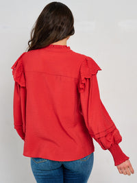 WOMEN'S LONG SLEEVE BUTTON CLOSURE RUFFLE EYELET BLOUSE