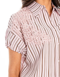 WOMEN'S SHORT SDJUSTABLE SLEEVE BUTTON UP RHINESTONES DETAILED STRIPES BLOUSE