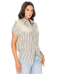 WOMEN'S SHORT SDJUSTABLE SLEEVE BUTTON UP RHINESTONES DETAILED STRIPES BLOUSE