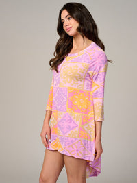 WOMEN'S 3/4 SLEEVE HIGH-LOW MULTI PRINT TUNIC BLOUSE