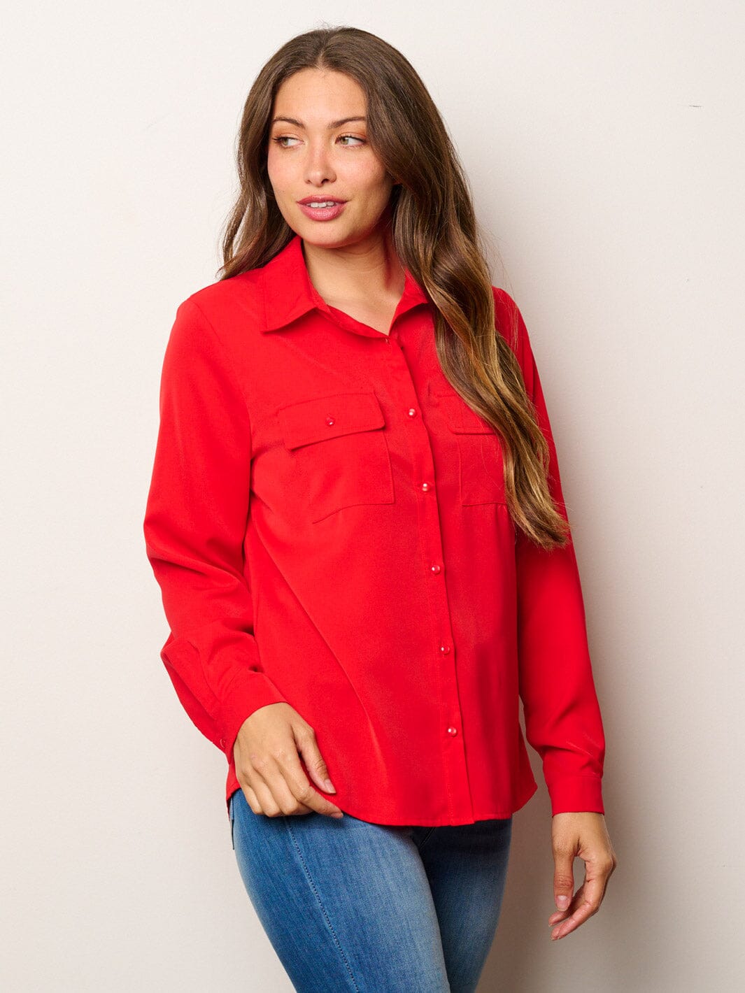 WOMEN'S LONG SLEEVE BUTTON UP FRONT POCKETS BLOUSE TOP