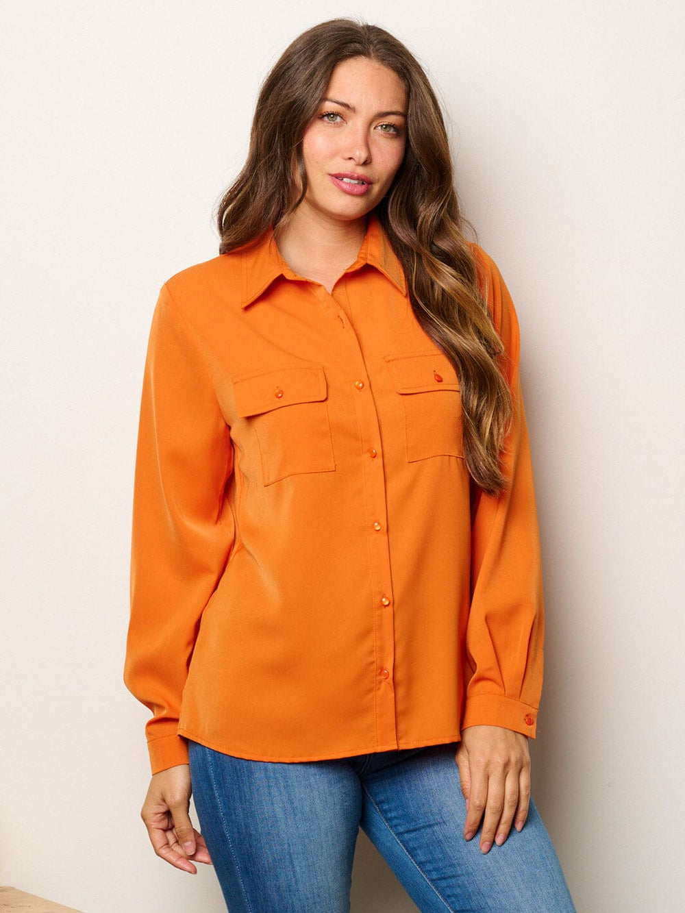 WOMEN'S LONG SLEEVE BUTTON UP FRONT POCKETS BLOUSE TOP