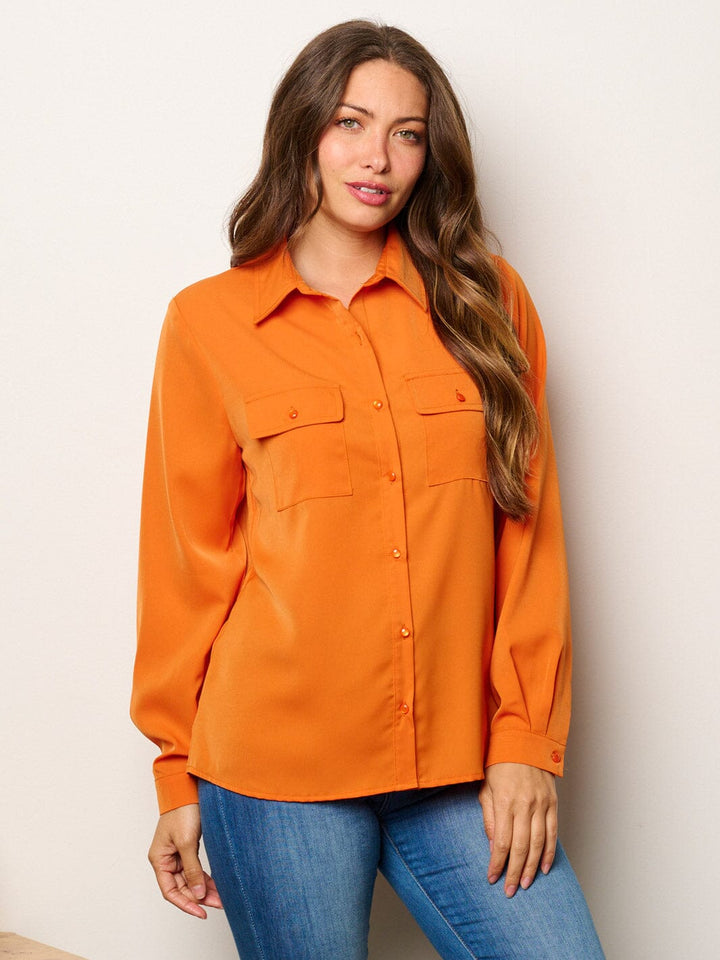 WOMEN'S LONG SLEEVE BUTTON UP FRONT POCKETS BLOUSE TOP