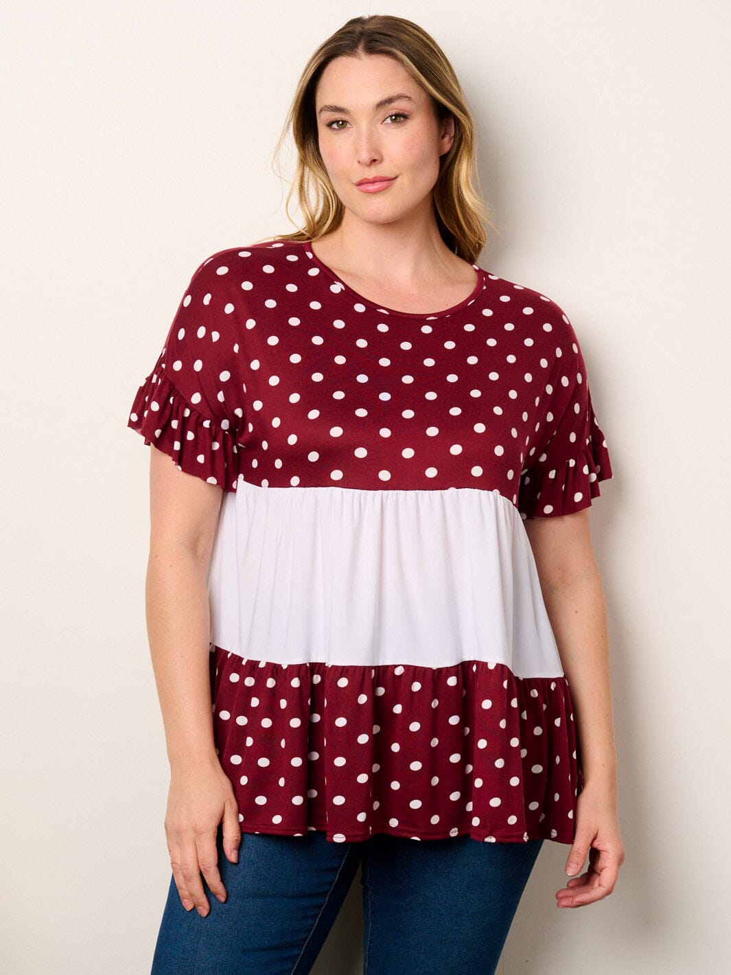 PLUS SHORT SLEEVE POLKA DOT COLORBLOCK TUNIC TOP