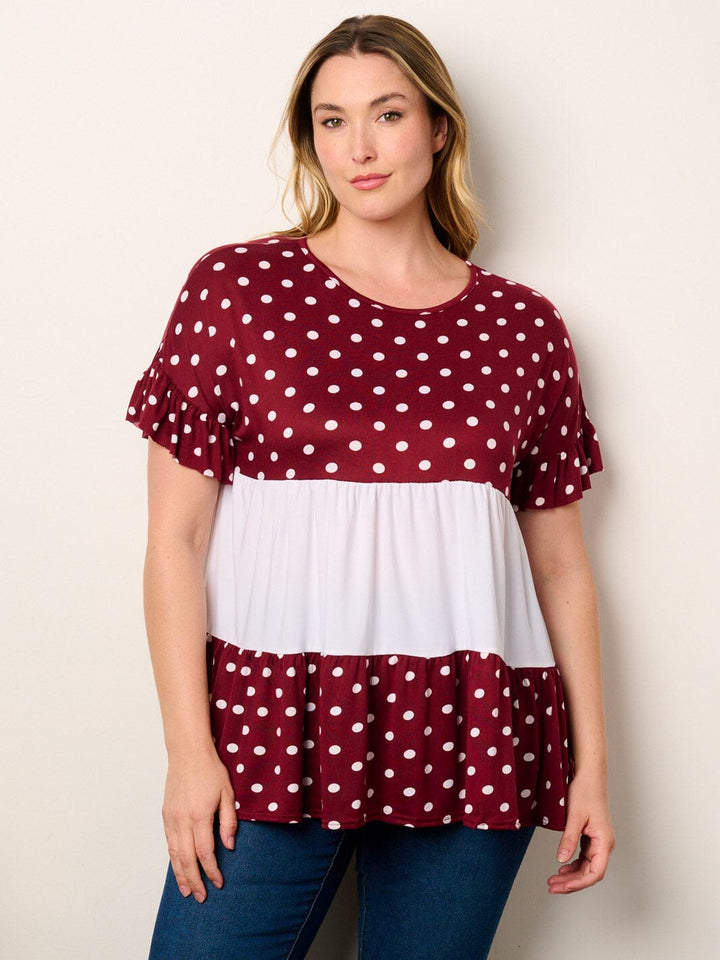 PLUS SHORT SLEEVE POLKA DOT COLORBLOCK TUNIC TOP
