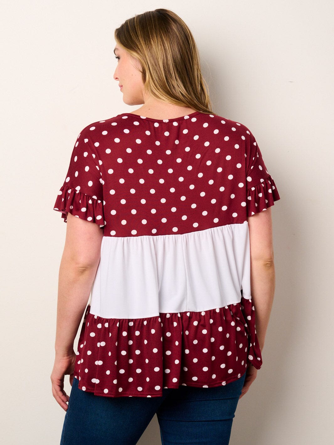 PLUS SHORT SLEEVE POLKA DOT COLORBLOCK TUNIC TOP