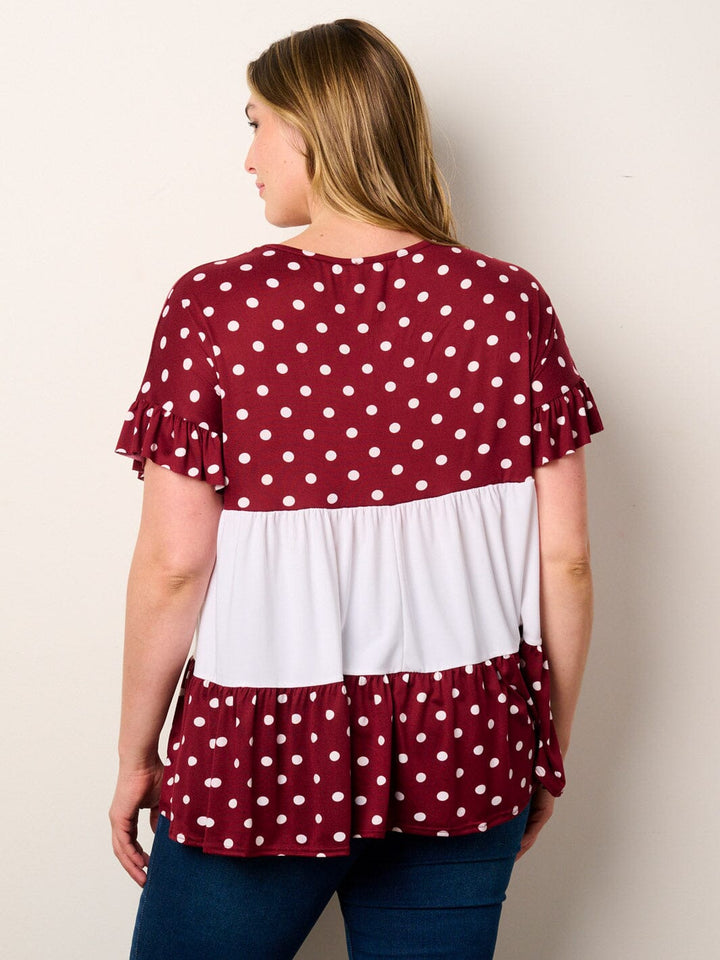 PLUS SHORT SLEEVE POLKA DOT COLORBLOCK TUNIC TOP