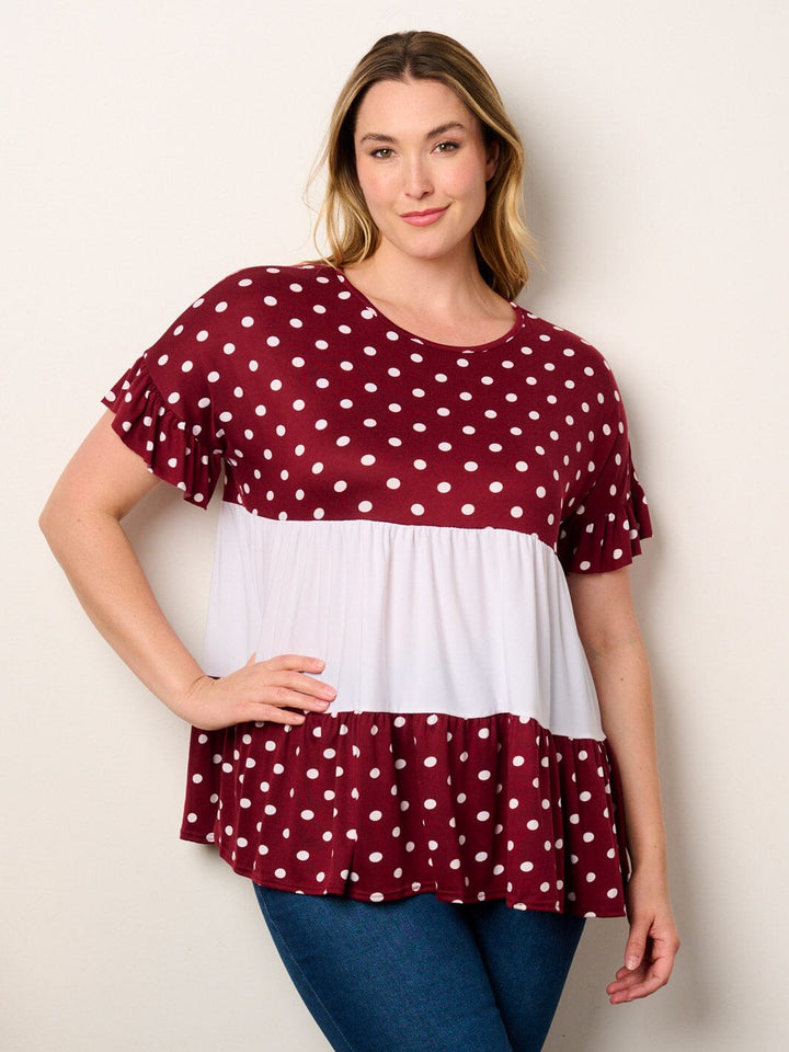 PLUS SHORT SLEEVE POLKA DOT COLORBLOCK TUNIC TOP