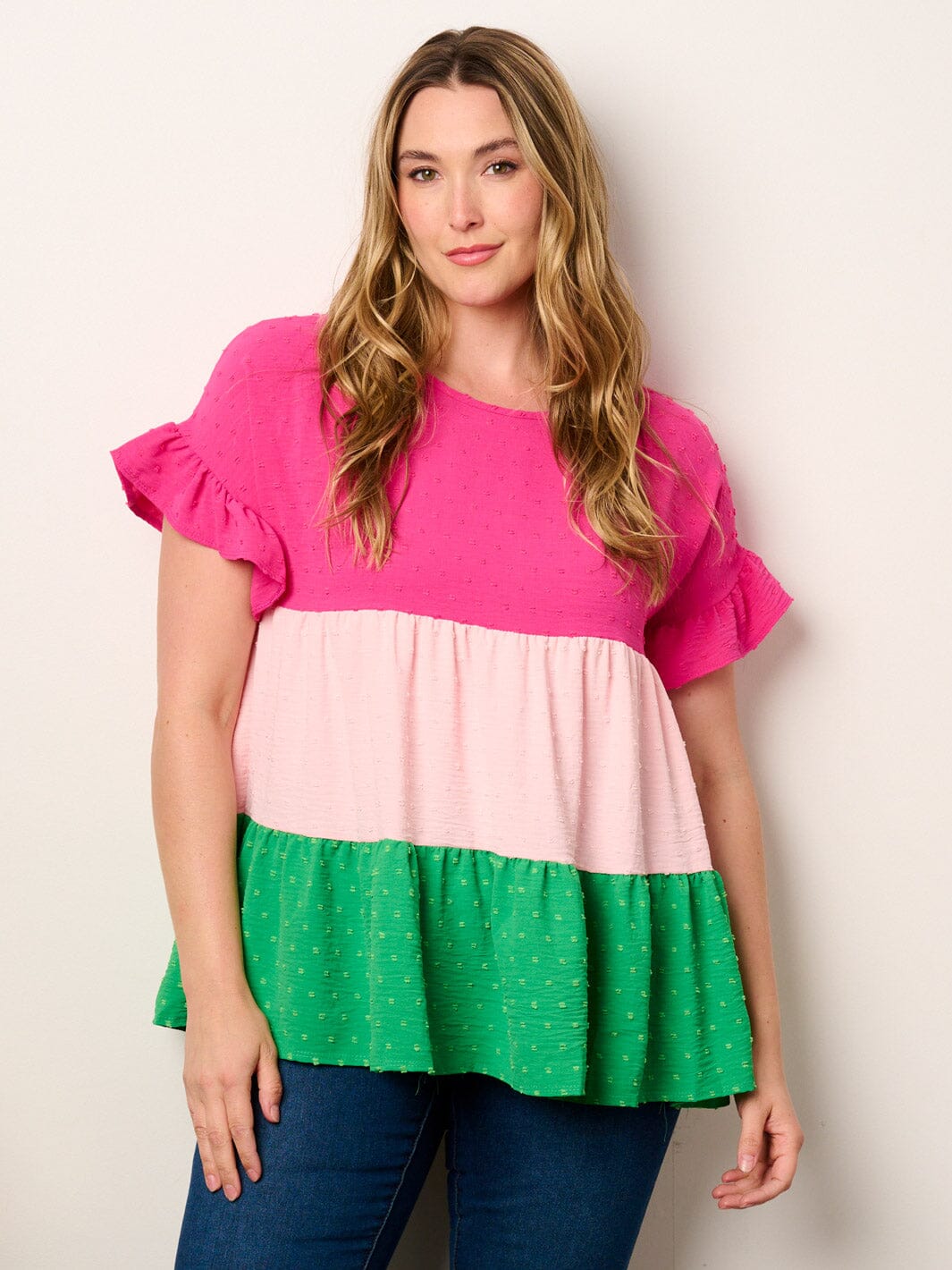 PLUS SHORT SLEEVE TIERED COLORBLOCK TUNIC SWISS TOP