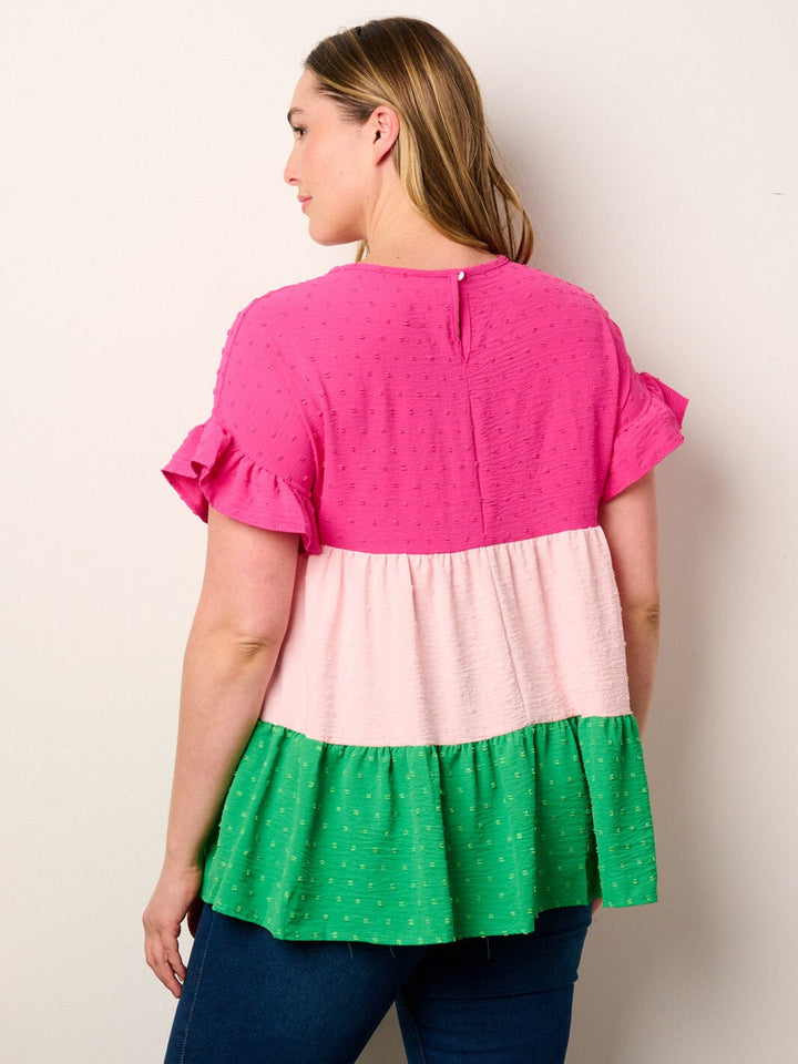 PLUS SHORT SLEEVE TIERED COLORBLOCK TUNIC SWISS TOP