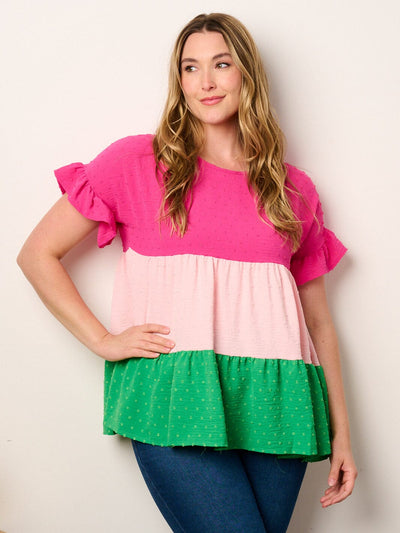 PLUS SHORT SLEEVE TIERED COLORBLOCK TUNIC SWISS TOP